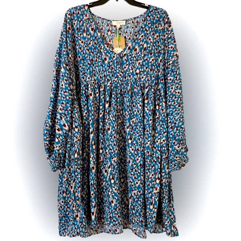 Beautiful Boho Babydoll Balloon Sleeve Animal Print Teal Mix Umgee NWT Dress